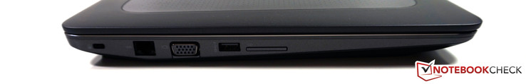 Côté gauche : antivol Kensington, Ethernet Gigabit, VGA, USB 3.0 (toujours actif), lecteur SD