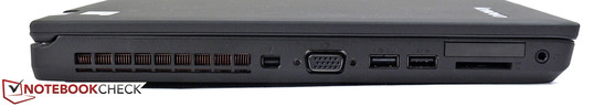 Côté gauche : ports Thunderbolt, VGA, USB 2.0 et USB 3.0, lecteur de carte mémoire et lecteur ExpressCard/34, prise jack audio combo stéréo.