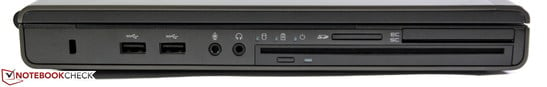 Côté gauche : port sécurité Kensington, 2x USB 3.0, audio, lecteur optique à chargement par fente, lecteur de cartes, lecteur de cartes à puce, ExpressCard 54/34.