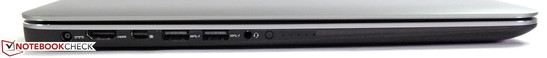 Tranche gauche : prise d'alimentation, HDMI, Mini DisplayPort, 2 ports USB 3.0, prise audio combo, indicateur de la charge de la batterie.