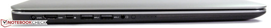Tranche gauche : prise d'alimentation, HDMI, Mini DisplayPort, 2 ports USB 3.0, prise audio combo, indicateur de la charge de la batterie.