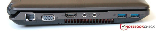 Gauche: LAN, VGA, HDMI, Casque/microphone, 2x USB 3.0