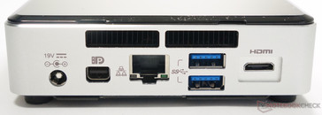 Rear: power, DisplayPort, LAN, 2x USB 3.0, mini-HDMI