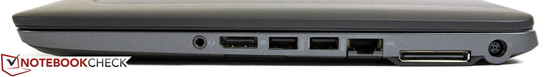 Côté droit : port audio, DisplayPort, 2 ports USB 3.0, lecteur de cartes à puce, LAN Ethernet, port pour station d'accueil, connecteur d'alimentation.