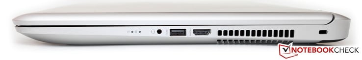Right side: headset port, USB 3.0, HDMI, fan exhaust, Kensington lock