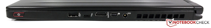 A droite : USB 2.0, Thunderbolt 3 avec USB 3.1 Type-C, HDMI 1.4, Mini-DisplayPort 1.2, entrée secteur.