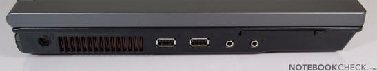 Flanc gauche: Verrou Kensington, Prise d'alimentation, 2x USB, VGA, LAN, Modem, HDMI, Firewire