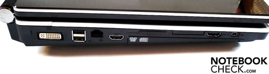 Left: DVI, 2x USB 2.0, RJ-45 gigabit LAN, HDMI, cardreader, ExpressCard slot, HDMI-in, Firewire