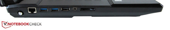 Left: Antenna, RJ-45 Gigabit-Lan, 2x USB 3.0, USB 2.0, Firewire, 9-in-1-card-reader