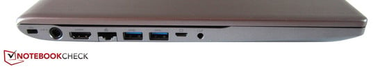 Gauche: Kensington Lock, alimentation, HDMI, RJ45, Gigabit LAN, 2 USB 3.0, Adaptateur VGA, audio