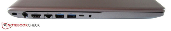 Gauche: Kensington Lock, alimentation, HDMI, RJ45, Gigabit LAN, 2 USB 3.0, Adaptateur VGA, audio