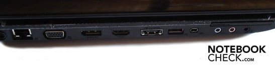 Left: DC-in, RJ45 gigabit LAN, VGA, display port, HDMI, eSATA/USB 2.0 combo, USB 2.0, Firewire, 54mm ExpressCard, 3x audio(line-in, microphone, headphone + S/PDIF)