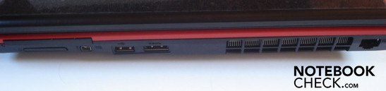 Right: ExpressCard, 4-in-1 cardreader, Firewire, USB 2.0, eSATA/USB 2.0 combo, RJ 45 gigabit LAN
