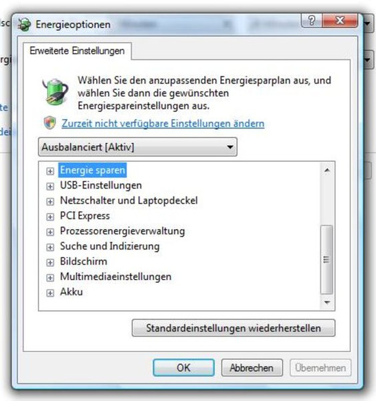 The energy options of Vista allow to choose the energy settings in detail.