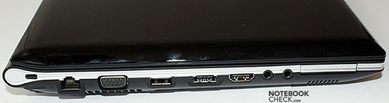 Gauche: Verrou Kensington, LAN, VGA, USB, USB/eSATA, HDMI, ports audio, ExpressCard/34