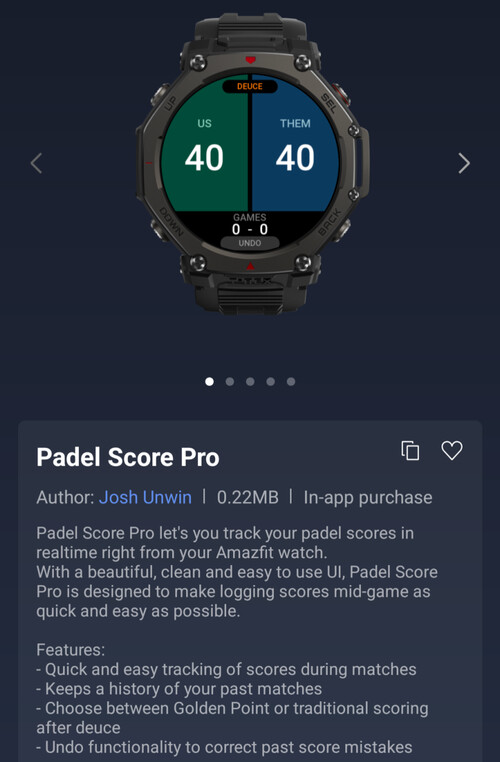 L'application Padel Score Pro Mini pour les montres intelligentes Amazfit