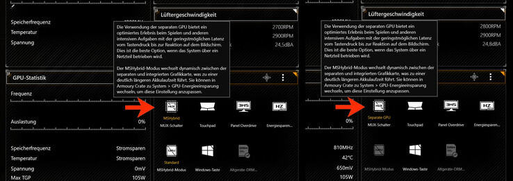 Seule une petite section du logiciel Armoury Crate indique si le mode Optimus ("MSHybrid") ou le mode dGPU ("Separate GPU") est actif.