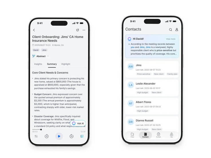 À gauche, vous trouverez un résumé typique. Des personnes nommées peuvent être ajoutées à une liste de contacts.
