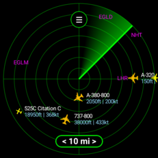 Affichage de type « radar » dans l'application Flight Scanner