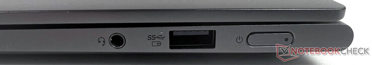 A droite : 1x USB 3.2 Gen-1 (5GBit/s, alimenté), 1x jack 3,5 mm (entrée micro/sortie audio combinée)