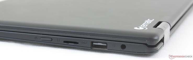 Côté droit : bouton de démarrage, lecteur de carte micro SD, USB 2.0, écouteurs 3,5 mm.