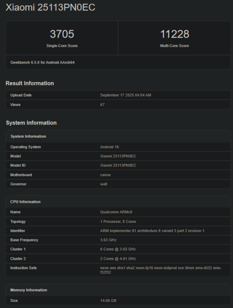 Nouveau Snapdragon 8 Elite Gen 5 : score Geekbench (image source : Geekbench)