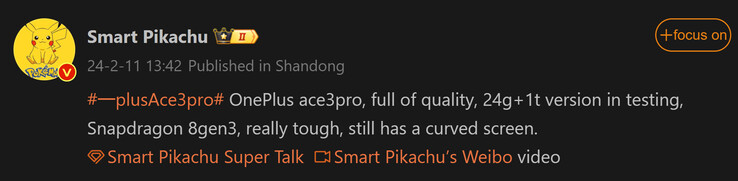 Smart Pikachu partage les premières informations sur le OnePlus Ace 3 Pro (Image source : Weibo)