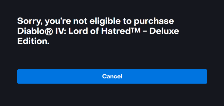 Erreur d'achat de Diablo 4 Lord of Hatred (image source : own)
