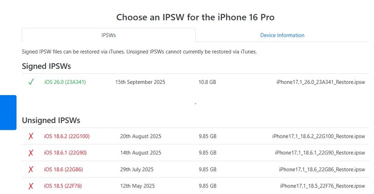 Depuis le 23 septembre, iOS 26.0 est la seule version signée d'iOS disponible pour la série iPhone 16 et les autres appareils iOS 26. (Source de l'image : IPSW)