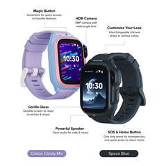 La montre connectée myFirst Fone S4 est disponible dans les coloris « Cotton Candy Mix » ou « Space Blue ».