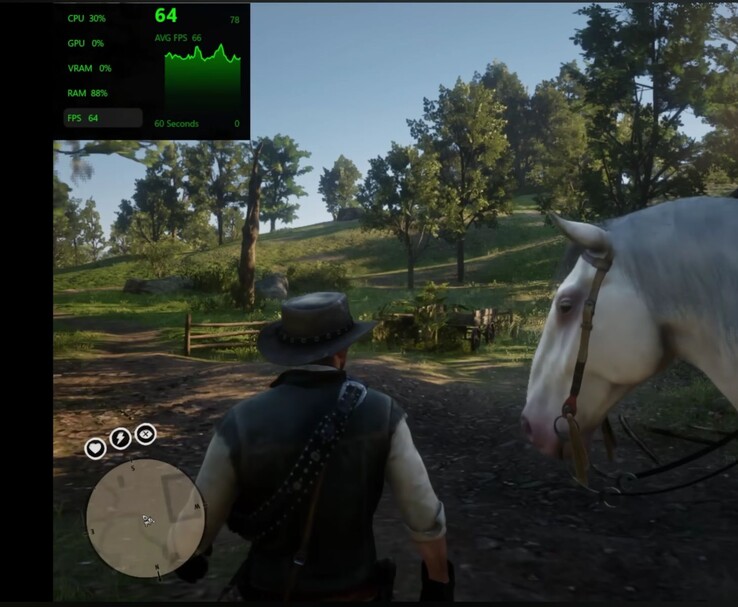 Red Dead Redemption 2 sur Snapdragon X2 Elite avec performance overlay visible