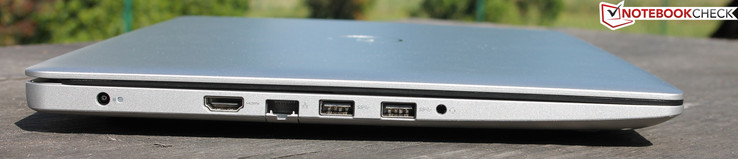 Côté gauche : entrée secteur, HDMI, RJ45-LAN, 2 USB 3.1, combo audio jack (écouteurs/micro)