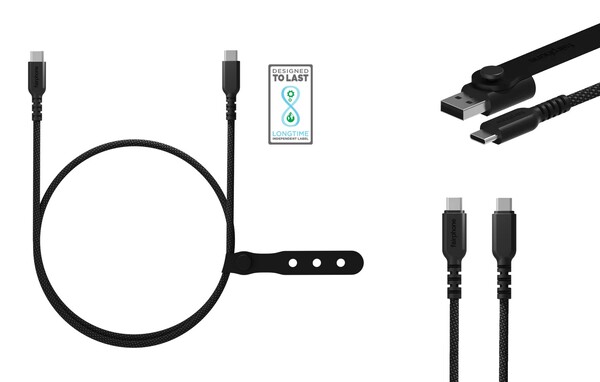 Les câbles USB-C de Fairphone sont tressés et livrés avec un adaptateur USB-A. (Source de l'image : Fairphone)