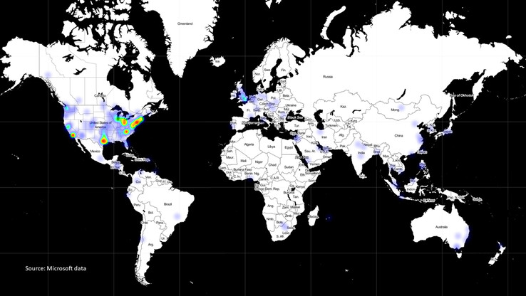 Cette carte thermique indique que la plupart des appareils ciblés se trouvaient aux États-Unis (Source de l'image : Microsoft)