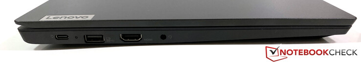 A gauche : USB-C 3.1 Gen.1 (alimentation + port d'affichage sur USB), USB-A 3.1 Gen.1 (toujours allumé), HDMI 1.4b, prise audio 3,5 mm