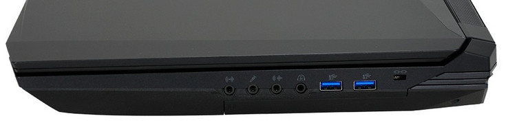 Côté droit : sortie audio 3,5 mm 7.1, écouteurs, micro, entrée audio S/PDIF, 2 USB 3.0, verrou de sécurité Kensington.