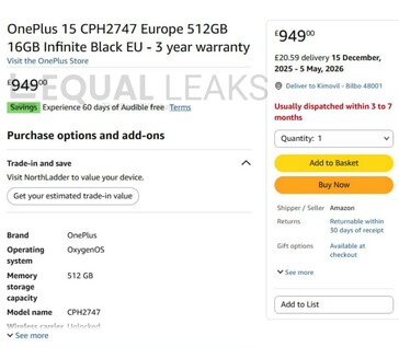 OnePlus 15 listé sur Amazon UK (Image Source : Equal Leaks)