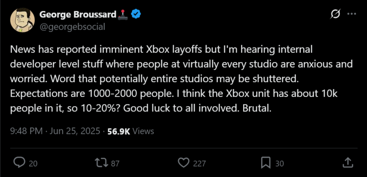 George Broussard Rumor of dismissal on Xbox (image source: screenshot. George Broussard X account) according rumors, microsoft would remove