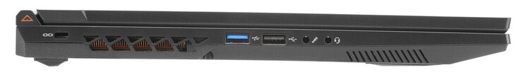 A gauche : Fente de verrouillage des câbles, USB 3.2 gen. 1 (USB-A), USB 2.0 (USB-A), entrée de microphone, prise audio combinée