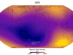 Représentation de l'anomalie de l'Atlantique Sud en 2025 (Source de l'image : Finlay, C.C. et al., 2025 ; recadré)