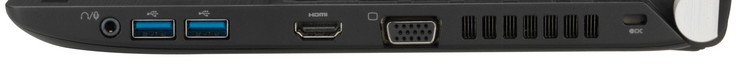 Côté droit: Combo audio 3,5 mm, 2x USB 3.0, HDMI, VGA, aération, slot de verrouillage Kensington (photo: Toshiba)