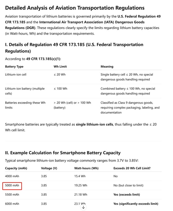 Selon la réglementation américaine sur le transport aérien 49 CFR 173.185, toutes les piles au lithium d'une capacité supérieure à 20 Wh par élément de pile doivent être classées comme marchandises dangereuses.