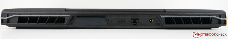 Arrière : Emplacement pour XMG OASIS (avec couvercle), USB-C 3.2 Gen 2×1 (DisplayPort 1.4a), HDMI 2.1 (compatible G-SYNC, HDCP 2.3), port RJ45 2.5 Gb/s (LAN), adaptateur CA