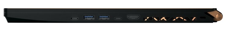 Côté droit : USB C 3.0, 2 USB A 3.1 Gen 2, Thunderbolt 3, HDMI 2.0, verrou de sécurité Kensington.