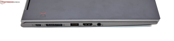 Côté gauche : port pour station d'accueil (2 Thunderbolt 3, miniEthernet), USB A 3.0, HDMI, jack.