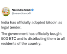 Des pirates tweetent que l'Inde a accepté le bitcoin comme monnaie officielle à partir du compte du Premier ministre Modi