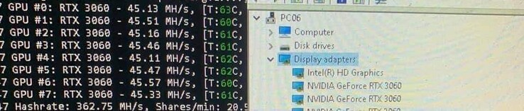La GeForce RTX 3060 est photographiée en train de miner de l'éthérium à 45MH/s (image via @I_Leak_VN sur Twitter)