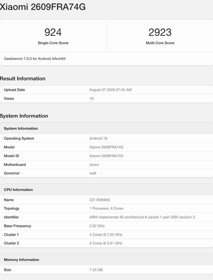 Le Redmi Note 17 Pro Max apparaît sur Geekbench 7.