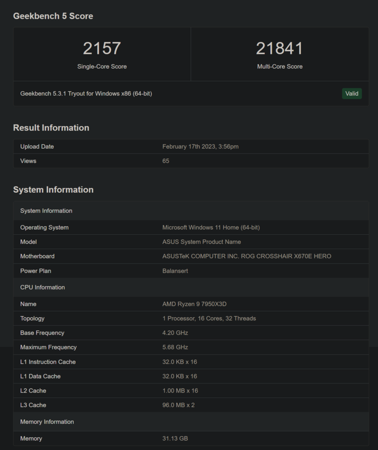 AMD Ryzen 9 7950X3D sur Geekbench (image via Geekbench)