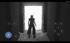 Jeu PC exécuté via DroidDeck sur Android, montrant un personnage dans un paysage enneigé avec des boutons de manette virtuelle.
